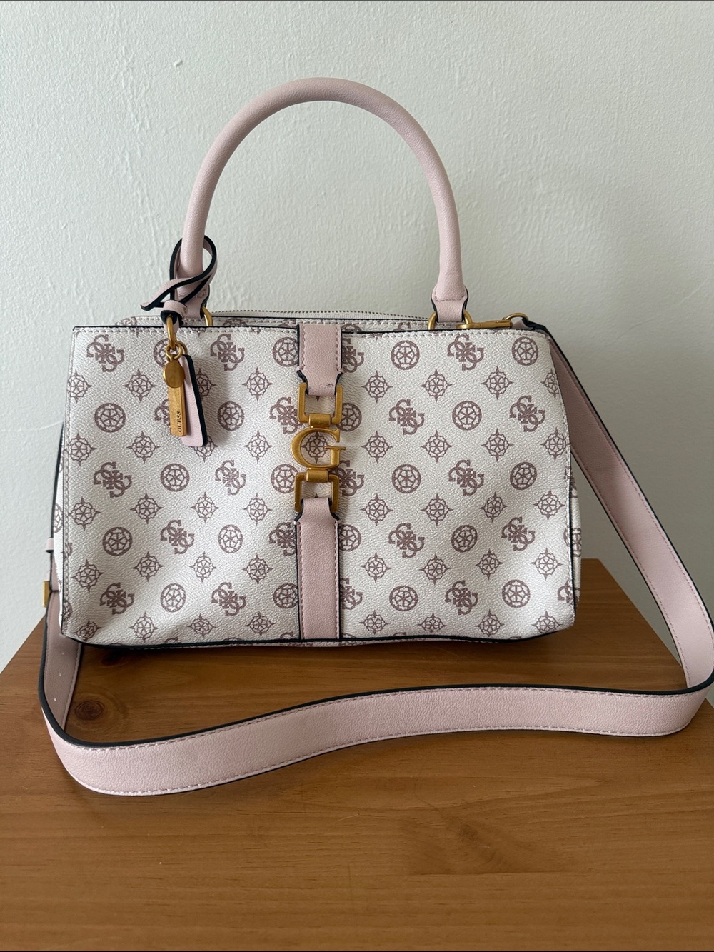 Guess Pink and White Logo-Print Satchel with Gold Hardware